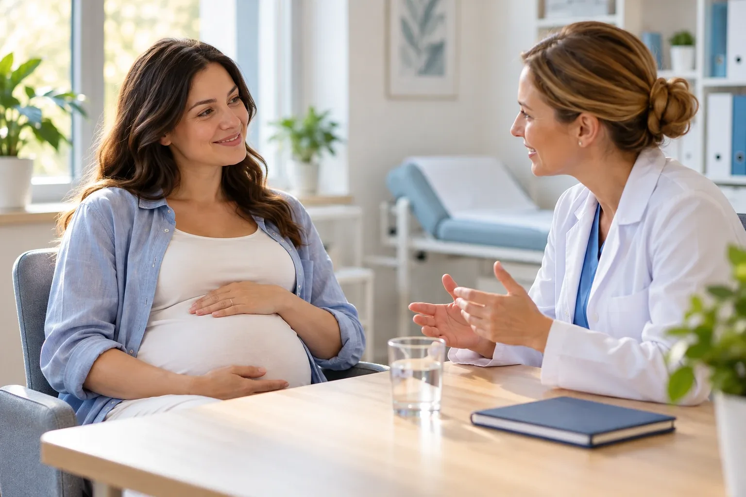 Pregnant woman talking with a female doctor in a white coat at a table in a bright medical office