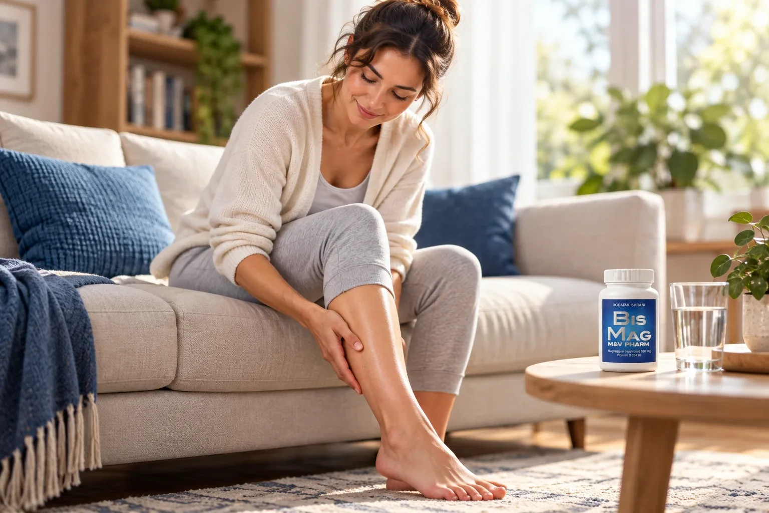 Woman sitting on a couch holding her leg with her hand, with a BisMag bottle and glass of water on the table